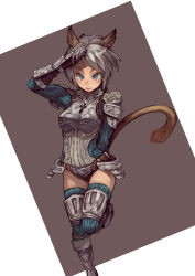 Rule 34 | 00s, 1girl, adjusting hair, animal ears, armor, bad id, bad pixiv id, cat ears, cat girl, cat tail, final fantasy, final fantasy xi, gauntlets, gloves, highres, mithra (ff11), salute, solo, standing, standing on one leg, suzuno (bookshelf), tail, thighhighs
