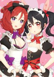 Rule 34 | 10s, 2girls, :o, \m/, apron, armband, ayami (annahibi), black hair, blush, bow, bowtie, breasts, cleavage, cleavage cutout, clothes lift, clothing cutout, detached collar, dress, hair ribbon, headband, heart, heart-shaped pupils, lifting own clothes, looking at viewer, love live!, love live! school idol festival, love live! school idol project, maid, maid apron, maid headdress, multiple girls, nishikino maki, pink background, puffy sleeves, purple eyes, red eyes, red hair, ribbon, short dress, short hair, short sleeves, skirt, skirt lift, small breasts, sweat, symbol-shaped pupils, twintails, yazawa nico