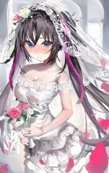 Rule 34 | 1girl, absurdres, bad id, bad pixiv id, bare shoulders, black hair, blue eyes, blush, bouquet, breasts, bridal veil, cleavage, closed mouth, commentary request, commission, dress, flower, hair between eyes, highres, holding, holding bouquet, kinoruru toiro, long hair, looking at viewer, lyrical nanoha, mahou shoujo lyrical nanoha vivid, medium breasts, nose blush, off-shoulder dress, off shoulder, petals, pixiv commission, red flower, red rose, rose, see-through, sieglinde eremiah, solo, twintails, veil, very long hair, wedding dress, white dress, white flower, white rose