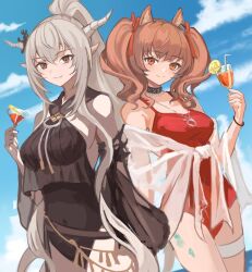 Rule 34 | 2girls, angelina (arknights), angelina (summer flower) (arknights), animal ears, arknights, bare shoulders, belly chain, black collar, black eyes, black one-piece swimsuit, breasts, brown hair, casual one-piece swimsuit, cloud, collar, cup, detached sleeves, drinking glass, drinking straw, food, fox ears, fox girl, fox tail, fruit, grey hair, holding, holding cup, horns, infection monitor (arknights), jewelry, large breasts, lemon, lemon slice, long hair, looking at viewer, multiple girls, necklace, official alternate costume, one-piece swimsuit, pointy ears, ponytail, red eyes, red one-piece swimsuit, red ribbon, ribbon, sarong, shining (arknights), shining (silent night) (arknights), sidelocks, spaghetti strap, swimsuit, tail, thigh strap, touchika, twintails, very long hair, white sarong