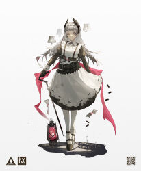 Rule 34 | 1girl, absurdres, apron, arknights, belt, black dress, cane, closed mouth, dress, earrings, floating, floating object, full body, grey eyes, grey hair, head wings, highres, irene (arknights), irene (voyage of feathers) (arknights), jewelry, juliet sleeves, lantern, long hair, long sleeves, looking at viewer, maid headdress, mary janes, official alternate costume, pantyhose, puffy sleeves, scar, scar across eye, scar on face, shoes, simple background, solo, standing, white apron, white background, white pantyhose, wings, yuuki mix