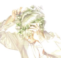 Rule 34 | 1boy, artist name, close-up, closed eyes, dress shirt, expressionless, fingernails, flower, hair over one eye, hand in own hair, hands on own head, hands up, head tilt, head wreath, leaf, light particles, long sleeves, male focus, original, rido (ridograph), shaded face, shirt, simple background, solo, unbuttoned, upper body, watermark, web address, white background, white flower, white hair, white shirt