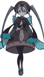 Rule 34 | 1girl, absurdres, black dress, black pantyhose, blue hair, brown hat, brown necktie, bug miku (project voltage), closed mouth, commentary, creatures (company), dress, eyeshadow, frown, full body, full burrrrrrst, game freak, grey footwear, hair between eyes, hair through headwear, hat, hatsune miku, highres, long hair, long sleeves, looking at viewer, makeup, necktie, nintendo, pantyhose, pokemon, project voltage, shoes, simple background, solo, standing, tearing up, tears, twintails, very long hair, vocaloid, white background
