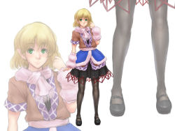 Rule 34 | 1girl, arm warmers, black pantyhose, blonde hair, blush, full body, green eyes, highres, kuro suto sukii, looking at viewer, mary janes, mizuhashi parsee, pantyhose, pointy ears, shoes, simple background, sketch, skirt, smile, solo, touhou, white background