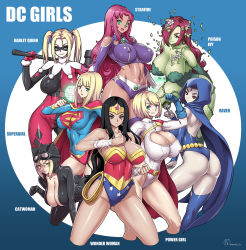 Rule 34 | 6+girls, :3, animal hood, ass, batman (series), bent over, black hair, blonde hair, bodysuit, bracer, breasts, cape, cat hood, catwoman, character name, cleavage, cleavage cutout, clothing cutout, colored skin, commentary request, covered erect nipples, curvy, dc comics, domino mask, forehead jewel, gloves, gluteal fold, goggles, green skin, harley quinn, highres, hood, large breasts, leaning forward, legs, lens flare, leotard, looking at viewer, magic, mask, monster girl, multiple girls, navel, onomeshin, pale skin, paw pose, plant girl, poison ivy, power girl, purple hair, raven (dc), red cape, red hair, revision, starfire, stomach, supergirl, superhero costume, superman (series), teen titans, thigh gap, thighhighs, tiara, toned, twintails, wonder woman, wonder woman (series)