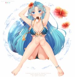 Rule 34 | 1girl, armpits, arms behind head, artist name, ass, asuna (sao-alo), bare arms, bare shoulders, bikini, black bikini, blue eyes, blue hair, blush, breasts, cleavage, collarbone, commentary, commission, deviantart logo, english commentary, flower, food, frills, highres, innertube, instagram logo, large breasts, long hair, looking at viewer, nail polish, orange flower, pointy ears, popsicle, puppypaww, smile, solo, swim ring, swimsuit, sword art online, twitter logo, watermark, web address