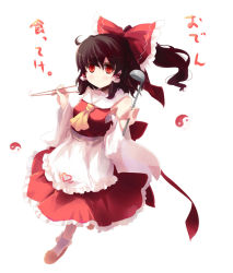 Rule 34 | 1girl, apron, black hair, bow, chopsticks, detached sleeves, female focus, full body, hair bow, hakurei reimu, half updo, heart, japanese clothes, ladle, miko, ponytail, red eyes, shin (new), short hair, slippers, solo, touhou, white background, yin yang