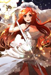 Rule 34 | 1girl, :d, bad id, bad pixiv id, bandages, bandaged arm, bandages, bleach, blush, breasts, bridal veil, brown eyes, cleavage, commentary request, dress, flower, halloween, highres, inoue orihime, large breasts, long hair, looking at viewer, open mouth, orange hair, rose, smile, solo, staff, torn clothes, torn dress, umi (pixiv6861961), veil, white dress, white flower, white rose
