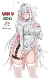 Rule 34 | 1girl, absurdres, ahoge, black nails, blush, breasts, crossed bangs, earrings, english text, heterochromia, highres, jewelry, large breasts, like and retweet, long hair, looking at viewer, meme, mole, multicolored hair, nail polish, o-ring, o-ring thigh strap, original, pink hair, skindentation, solo, thick thighs, thigh strap, thighhighs, thighs, twitter strip game (meme), two-tone hair, very long hair, vitaminechan, vivi (vitaminechan), white background, white hair, white thighhighs, yellow eyes