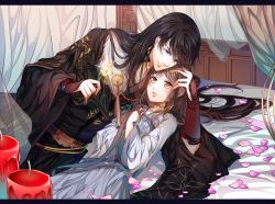 Rule 34 | 1boy, 1girl, black hair, brown eyes, candle, chinese clothes, curtains, hand on another&#039;s head, hand up, hetero, indoors, li zeyan, long hair, love and producer, petals, protagonist (love and producer), reku (pixiv3677982), under covers
