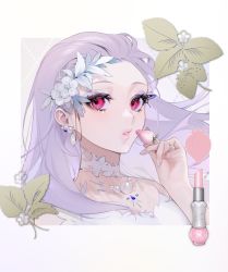 Rule 34 | 1girl, collarbone, dress, flower, food, food print, fruit, grey hair, hair flower, hair ornament, highres, holding, holding food, holding fruit, lipstick, long hair, looking at viewer, makeup, nail polish, ohisashiburi, parted lips, pink eyes, portrait, shining star, solo, strawberry, strawberry print, white dress, white flower, white lips, white nails