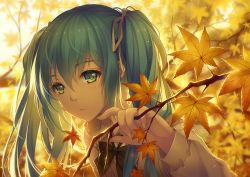 Rule 34 | 1girl, aqua eyes, aqua hair, autumn, autumn leaves, backlighting, bow, bowtie, branch, evening, hair ribbon, hatsune miku, leaf, light particles, long hair, long sleeves, looking at viewer, maple leaf, parted lips, ribbon, solo, sunlight, tidsean, upper body, vocaloid, wings