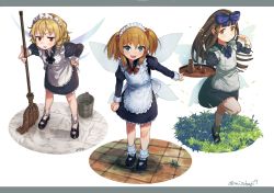 Rule 34 | 3girls, :d, absurdres, alternate costume, apron, bad id, bad pixiv id, black dress, black footwear, blonde hair, blue bow, blue eyes, blush, border, bow, brown eyes, brown hair, bucket, dress, drill hair, enmaided, fairy, fairy wings, fang, full body, grey border, hair bow, highres, holding, holding tray, juliet sleeves, long sleeves, looking at viewer, luna child, maid, maid apron, maid headdress, misohagi, mop, multiple girls, open mouth, orange hair, puffy sleeves, short hair, signature, smile, standing, standing on one leg, star sapphire, sunny milk, touhou, tray, twitter username, two side up, white apron, white background, wings
