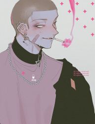 Rule 34 | 1boy, bandaid, bandaid on face, black jacket, brown hair, bruise, buzz cut, cigarette, collar, colored sclera, colored smoke, dotsuco, ear piercing, earrings, injury, jacket, jewelry, male focus, mole, mole under eye, necklace, open clothes, open jacket, open mouth, original, piercing, pink shirt, pink theme, red sclera, shirt, short hair, smile, smoke, smoking, solo, sparkle, tattoo, tears, teeth, tsurime, upper body, very short hair, white eyes