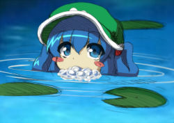 Rule 34 | 1girl, blue eyes, blue hair, bubble, blowing bubbles, female focus, hair bobbles, hair ornament, hat, kawashiro nitori, lily pad, matching hair/eyes, ryuu (multitask), short hair, sketch, solo, touhou, twintails, two side up, wading, water