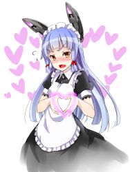 Rule 34 | 10s, 1girl, alternate costume, blush, fang, hair ribbon, headgear, heart, heart hands, highres, hime cut, k-on!, kantai collection, long hair, looking at viewer, maid, maid headdress, moe moe kyun!, murakumo (kancolle), nino (shira), open mouth, red eyes, ribbon, silver hair, simple background, solo, white background