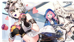 Rule 34 | 3girls, absurdres, animal ear fluff, animal ears, arknights, armband, asahikawa hiyori, bag, bandeau, black gloves, black hair, black ribbon, blue eyes, blue jacket, blue poison (arknights), boots, cabbie hat, checkered clothes, checkered headwear, cliffheart (arknights), copyright name, cupcake, food, fur-trimmed gloves, fur trim, gloves, grey eyes, hair between eyes, hat, heart, highres, holding, holding food, hood, hooded jacket, indoors, jacket, leopard ears, leopard tail, looking at viewer, midriff, mouth hold, multicolored hair, multiple girls, navel, neck ribbon, official art, one eye closed, pink hair, platinum (arknights), ribbon, shirt, short hair, shorts, silver hair, sleeveless, sleeveless jacket, stomach, streaked hair, tail, thigh boots, thighhighs, white headwear, white jacket, white shirt, white shorts