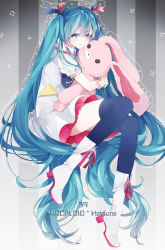 Rule 34 | 1girl, 39, aqua eyes, aqua hair, boots, character name, copyright name, dress, gradient background, hatsune miku, high heels, koyomi (oizm35g), long hair, rabbit, smile, solo, striped, striped background, stuffed animal, stuffed rabbit, stuffed toy, thighhighs, twintails, vertical stripes, very long hair, vocaloid, white footwear