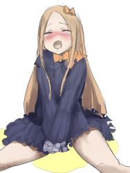 Rule 34 | 1girl, abigail williams (fate), between legs, blonde hair, blush, bow, dress, embarrassed, closed eyes, fate/grand order, fate (series), female focus, frilled dress, frills, gk (go4161), hair bow, hand between legs, long hair, long sleeves, nose blush, open mouth, orange bow, own hands together, peeing, peeing self, puddle, purple dress, simple background, sitting, sleeves past fingers, sleeves past wrists, solo, spread legs, tears, v arms, white background