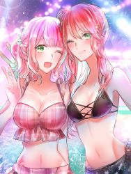 Rule 34 | 2girls, bang dream!, bikini, black bikini, breasts, cleavage, commentary request, cross-laced clothes, cross-laced one-piece swimsuit, green eyes, grin, highres, large breasts, long hair, looking at viewer, mairu003, multiple girls, navel, night, one eye closed, open mouth, pink bikini, pink hair, plaid, plaid swimsuit, pool, poolside, red hair, sarong, smile, swimsuit, udagawa tomoe, uehara himari, v, w, water