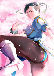 Rule 34 | 1girl, ass, black hair, boots, bracelet, bun cover, capcom, cherry blossoms, chinese clothes, chun-li, fighting stance, pantyhose, petals, solo, spiked bracelet, spikes, street fighter, takemaru08