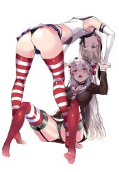 Rule 34 | 2girls, all fours, amatsukaze (kancolle), anchor hair ornament, aoi takeru, ass, black panties, blonde hair, blue sailor collar, blue skirt, brown dress, brown eyes, crop top, dress, elbow gloves, garter straps, gloves, grey eyes, hair ornament, hair tubes, hat, highleg, highleg panties, highres, holding hands, kantai collection, lifebuoy, long hair, microskirt, mini hat, miniskirt, multiple girls, panties, red legwear, sailor collar, sailor dress, shadow, shimakaze (kancolle), short dress, silver hair, simple background, sitting, skirt, striped clothes, striped legwear, striped thighhighs, swim ring, thighhighs, two side up, underwear, white background, white gloves