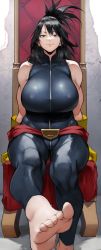 Rule 34 | 1girl, absurdres, bare shoulders, biceps, black hair, bodysuit, boku no hero academia, breasts, chair, feet, folded ponytail, foot focus, gloves, grey eyes, highres, large breasts, legs, long hair, looking at viewer, mole, mole under mouth, muscular, muscular female, shimura nana, sleeveless, sleeveless bodysuit, smile, solo, toes, yellow gloves, yoshio (55level)