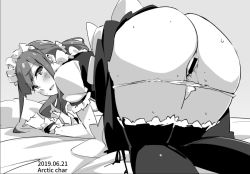 Rule 34 | 1girl, all fours, artist name, ass, bar censor, blush, censored, clothes lift, commentary request, dated, dress, dress lift, from behind, greyscale, long hair, looking at viewer, looking back, maid, maid headdress, monochrome, on bed, open mouth, original, panties, panty pull, ponytail, puffy short sleeves, puffy sleeves, pussy, pussy juice, shirt, short sleeves, signature, solo, sweat, tabata hisayuki, thighhighs, underwear
