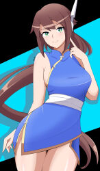 1girl absurdres aile_(mega_man_zx) bare_shoulders blue_background blue_dress breasts brown_hair china_dress chinese_clothes cowboy_shot dress green_eyes highres jetaxl_tanuki large_breasts long_hair mega_man_(series) mega_man_zx mega_man_zx_advent ponytail robot_ears short_dress sleeveless sleeveless_dress solo