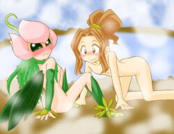 Rule 34 | 2girls, all fours, blush, brown eyes, brown hair, completely nude, digimon, digimon adventure, flat chest, green eyes, leaf wings, lilimon, looking at another, monster girl, multiple girls, nipples, nude, plant girl, sakuramochi tomo, sitting, smile, tachikawa mimi, tanaka isa, yuri