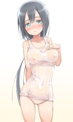 Rule 34 | 10s, 1girl, bare shoulders, black hair, blush, breasts, collarbone, commentary request, covered erect nipples, eyebrows, gradient background, green eyes, hair between eyes, hair ribbon, hand on own chest, highres, long hair, looking to the side, medium breasts, michairu, nipples, nose blush, old school swimsuit, one-piece swimsuit, ribbon, school swimsuit, see-through, solo, standing, swimsuit, tougou mimori, white one-piece swimsuit, white school swimsuit, yuuki yuuna wa yuusha de aru, yuusha de aru
