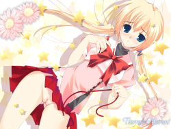 Rule 34 | blonde hair, blush, dutch angle, flower, looking at viewer, no panties, pussy, ribbon, skirt, star (symbol), twintails