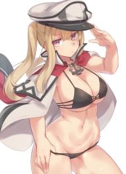 Rule 34 | 10s, 1girl, alternate costume, alternate eye color, anchor, bad id, bad twitter id, bikini, bikini pull, black bikini, blonde hair, breasts, capelet, cleavage, clothes pull, graf zeppelin (kancolle), hair between eyes, hat, kantai collection, large breasts, long hair, looking at viewer, midriff, multi-strapped bikini bottom, multi-strapped bikini top, peaked cap, pokoten (pokoten718), purple eyes, serious, sideboob, sidelocks, solo, stomach, swimsuit, thighs, tsurime, twintails, underboob
