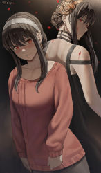 Rule 34 | 2girls, artist name, bad id, bad twitter id, bare shoulders, black background, black dress, black hair, blood, blood on face, blush, breasts, closed mouth, collarbone, commentary, cowboy shot, dress, dual persona, earrings, eyelashes, flower, glowing, glowing eyes, hair between eyes, hairband, highres, jewelry, light frown, long sleeves, looking at viewer, looking back, medium breasts, multiple girls, nose blush, red eyes, red sweater, rose, shexyo, sleeveless, sleeveless dress, smile, spy x family, sweater, yor briar