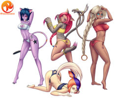 Rule 34 | 4girls, aisha clanclan, animal ears, ass, ass cutout, bastemon, bishoujo senshi sailor moon, black hair, braid, braided ponytail, breasts, butt crack, cat ears, cat lingerie, cat tail, claws, clothing cutout, colored skin, digimon, highres, long hair, meme attire, monster girl, multicolored hair, multicolored skin, multiple girls, multiple tails, nekonneru (sailor moon), outlaw star, purple skin, red eyes, red hair, reit, tail, thundercats, two-tone hair, two-tone skin, two tails, very long hair, white hair, wilykit