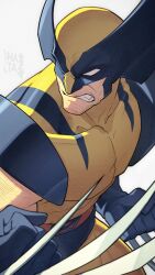 Rule 34 | 1boy, bodysuit, claws, clenched teeth, gloves, hata4564, highres, male focus, marvel, mask, muscular, no pupils, simple background, solo, superhero costume, teeth, white background, white eyes, wolverine (x-men), x-men
