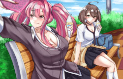 Rule 34 | 2girls, :q, ahoge, azur lane, bag, baltimore (after-school ace) (azur lane), baltimore (azur lane), bench, black cardigan, black choker, black necktie, black skirt, blue sky, blush, braid, breasts, bremerton (azur lane), brown hair, bush, cardigan, cellphone, choker, cleavage, clothes around waist, cloud, collarbone, commentary request, day, feet out of frame, food, grey eyes, highres, holding, holding food, holding phone, ice cream, jacket, jacket around waist, jewelry, kamizin, kneehighs, large breasts, long hair, long sleeves, miniskirt, multicolored hair, multiple girls, nail polish, necklace, necktie, official alternate costume, outdoors, parted lips, phone, pink hair, pink nails, pleated skirt, shirt, short sleeves, single braid, sitting, skirt, sky, smartphone, socks, streaked hair, thighs, tongue, tongue out, twintails, white legwear, white shirt