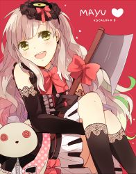 Rule 34 | 1girl, :d, axe, bad id, bad pixiv id, black gloves, black socks, bow, character name, cranio, doll, dress, elbow gloves, gloves, heart, heart-shaped pupils, jewelry, kneehighs, mayu (vocaloid), open mouth, piano print, polka dot, ring, smile, socks, solo, stuffed animal, stuffed rabbit, stuffed toy, symbol-shaped pupils, usano mimi, vocaloid, weapon, yellow eyes