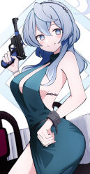 Rule 34 | 1girl, ako (blue archive), ako (dress) (blue archive), ass, blue archive, blue dress, blue eyes, blue hair, blue halo, blush, breasts, closed mouth, cuffs, dress, hair between eyes, halo, handcuffs, highres, large breasts, long hair, official alternate costume, sideboob, sleeveless, sleeveless dress, smile, solo, weapon, yun (kbdenz9)