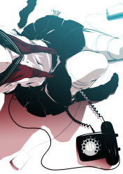 Rule 34 | 1girl, antique phone, black hair, cable, head out of frame, highres, mubouou aasaa, neckerchief, original, parted lips, phone, rotary phone, school uniform, serafuku, sitting, solo, string phone