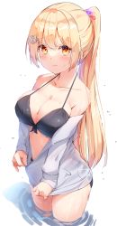 Rule 34 | 1girl, bare shoulders, bikini, black bikini, blonde hair, blush, breasts, cleavage, collarbone, frown, hair bobbles, hair ornament, halterneck, highres, large breasts, long hair, long sleeves, looking at viewer, open clothes, open shirt, original, partially submerged, ponytail, ripples, school uniform, see-through, sidelocks, sironora, solo, standing, swimsuit, twitter username, unzipping, wading, water, wet, wet clothes, yellow eyes, zipper