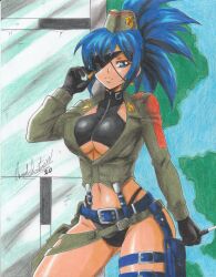 Rule 34 | 1girl, 2020, blue eyes, blue hair, breasts, eyepatch, hat, highres, large breasts, leona heidern, map, midriff, military hat, military uniform, navel, ponytail, ravernclouk design, snk, snk heroines: tag team frenzy, solo, the king of fighters, thick thighs, thighs, underboob, uniform, window, world map