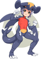 Rule 34 | 1girl, blush, bodysuit, cameltoe, clenched hands, commentary request, cosplay, covered erect nipples, covered navel, creatures (company), flat chest, game freak, garchomp, garchomp (cosplay), gen 4 pokemon, gloves, grey hair, hands up, idolmaster, idolmaster million live!, kevin.g.tuck, knees, legs apart, looking at viewer, makabe mizuki, nintendo, open mouth, pokemon, short hair, solo, spikes, standing, tongue, white gloves, yellow eyes