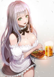 Rule 34 | 1girl, alcohol, apron, arm under breasts, bare shoulders, beer, bow, bowtie, breasts, cleavage, collarbone, cowboy shot, detached collar, dirndl, dress, food, from above, german clothes, green eyes, grey hair, highres, hololive, large breasts, long hair, looking at viewer, off-shoulder dress, off shoulder, open mouth, shirogane noel, shirogane noel (dirndl), short dress, simple background, smile, ssal, steak, tray, very long hair, virtual youtuber, waist apron