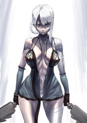 Rule 34 | 1girl, ashiomi masato, bandages, belt, bow, braid, breasts, chain, dual wielding, elbow gloves, female focus, flower, frills, gloves, gradient background, hair ornament, holding, kaine (nier), lingerie, negligee, nier, nier (series), panties, ribbon, short hair, solo, sword, thigh strap, underwear, weapon, white background, white hair, white panties, yellow eyes