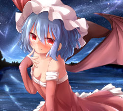 Rule 34 | 1girl, absurdres, adapted costume, bare shoulders, bat wings, blue hair, blush, breasts, cleavage, collarbone, detached sleeves, dress, fang, forest, hat, hat ribbon, highres, kisa (k isa), lake, long sleeves, looking at viewer, mob cap, nature, night, pink dress, red eyes, remilia scarlet, ribbon, sky, small breasts, smile, solo, star (sky), starry sky, strapless, strapless dress, touhou, wings