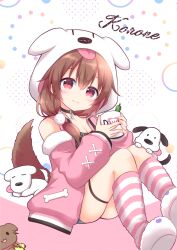 Rule 34 | 1girl, animal hood, animal print, bare shoulders, black choker, black shirt, blush, breasts, brown eyes, brown hair, cat print, choker, cleavage, closed mouth, clothing cutout, cup, detached sleeves, dog hood, dog tail, double-parted bangs, fur-trimmed sleeves, fur trim, futo-inu, hair ornament, hair over shoulder, highres, holding, holding cup, hololive, hood, hooded vest, hoodie, hoso-inu, inugami korone, inugami korone (loungewear), inugami korone (dog), kashiwadokoro, long hair, looking at viewer, medium breasts, mug, o-ring, o-ring choker, official alternate costume, official alternate hairstyle, pink socks, pink vest, pom pom (clothes), pom pom hair ornament, red eyes, shirt, short shorts, shorts, shoulder cutout, slippers, smile, socks, solo, tail, thigh strap, two-tone legwear, vest, virtual youtuber