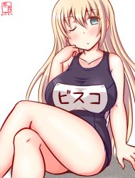 Rule 34 | 1girl, artist logo, bismarck (kancolle), black one-piece swimsuit, blonde hair, blue eyes, breasts, commentary request, crossed legs, dated, feet out of frame, kanon (kurogane knights), kantai collection, large breasts, long hair, looking at viewer, name tag, one-hour drawing challenge, one-piece swimsuit, one eye closed, school swimsuit, simple background, sitting, solo, swimsuit, white background