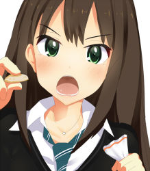 Rule 34 | 10s, 1girl, aqua necktie, bad id, bad pixiv id, blush, brown hair, collared shirt, d:, d:&lt;, feeding, food, frown, green eyes, holding, holding food, idolmaster, idolmaster cinderella girls, incoming food, jewelry, long hair, looking at viewer, necklace, necktie, o (rakkasei), open mouth, pov, pov feeding, shibuya rin, shirt, simple background, solo, teeth, tongue, upper body, v-shaped eyebrows, white background, white shirt