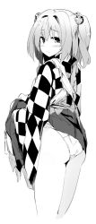 Rule 34 | 1girl, bell, blush, checkered clothes, checkered kimono, clothes lift, from behind, greyscale, hair bell, hair ornament, japanese clothes, kamukamu (ars), kimono, looking at viewer, medium hair, monochrome, motoori kosuzu, panties, pantyshot, simple background, skirt, skirt lift, solo, standing, touhou, two side up, underwear, white background